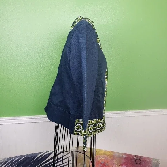 Victor Costa Womans Navy Blue Cotton Green Geometric Embroidered Jacket size sm - Picture 8 of 11